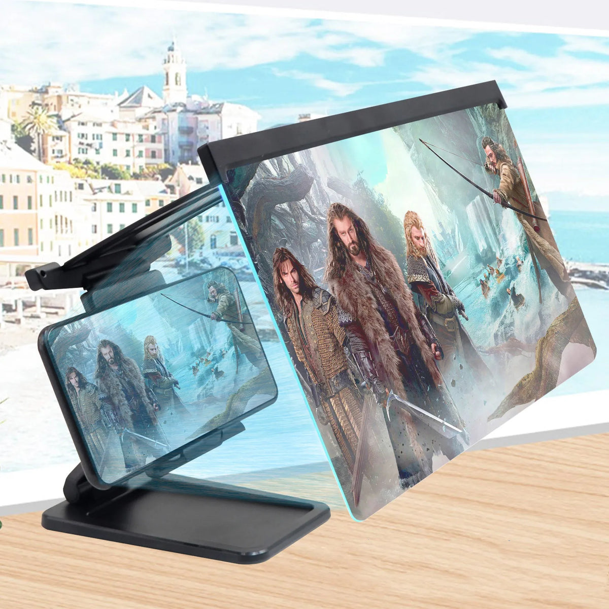 Black L20 split mobile phone screen magnifier with 12-inch viewing area and separate stand.
