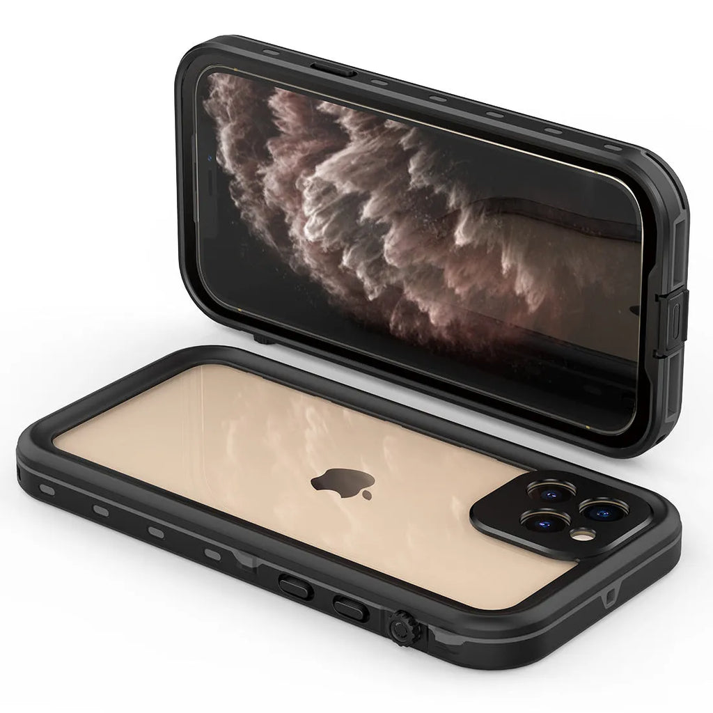 FREDPEPPER IP68 waterproof iPhone case in black with dimensions 161.50mm by 87.80mm by 13.40mm