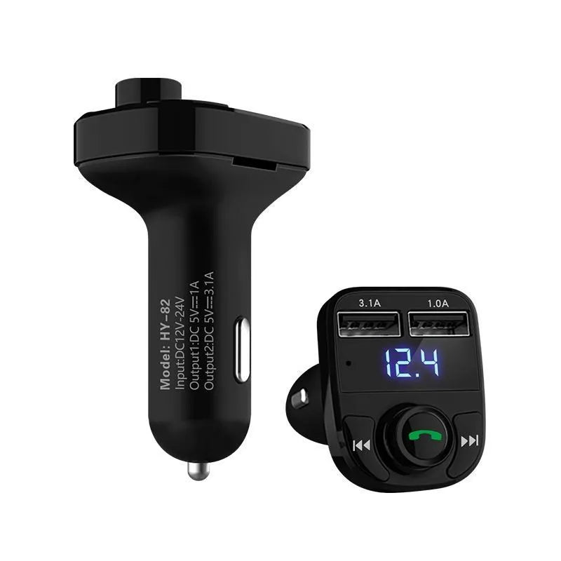 HY82 car MP3 player with Bluetooth plugged into a vehicle cigarette lighter socket.