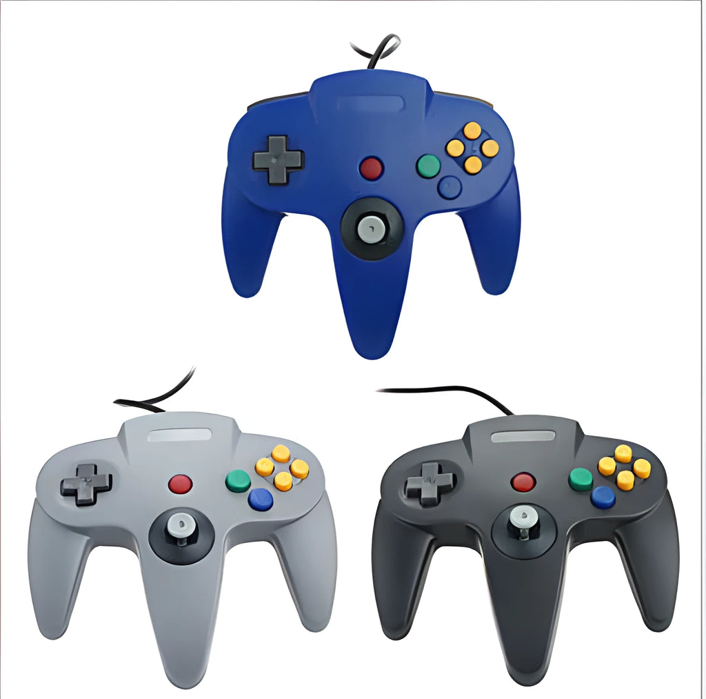 Blue USB N64 game controller for PC computer on a desk.