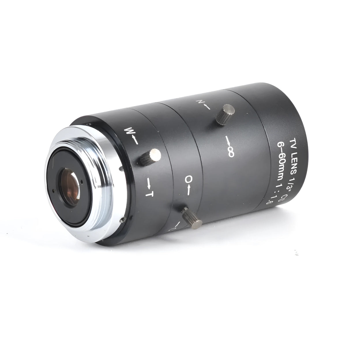 Black manual aperture CS mount camera lens with 6-60mm focal length markings
