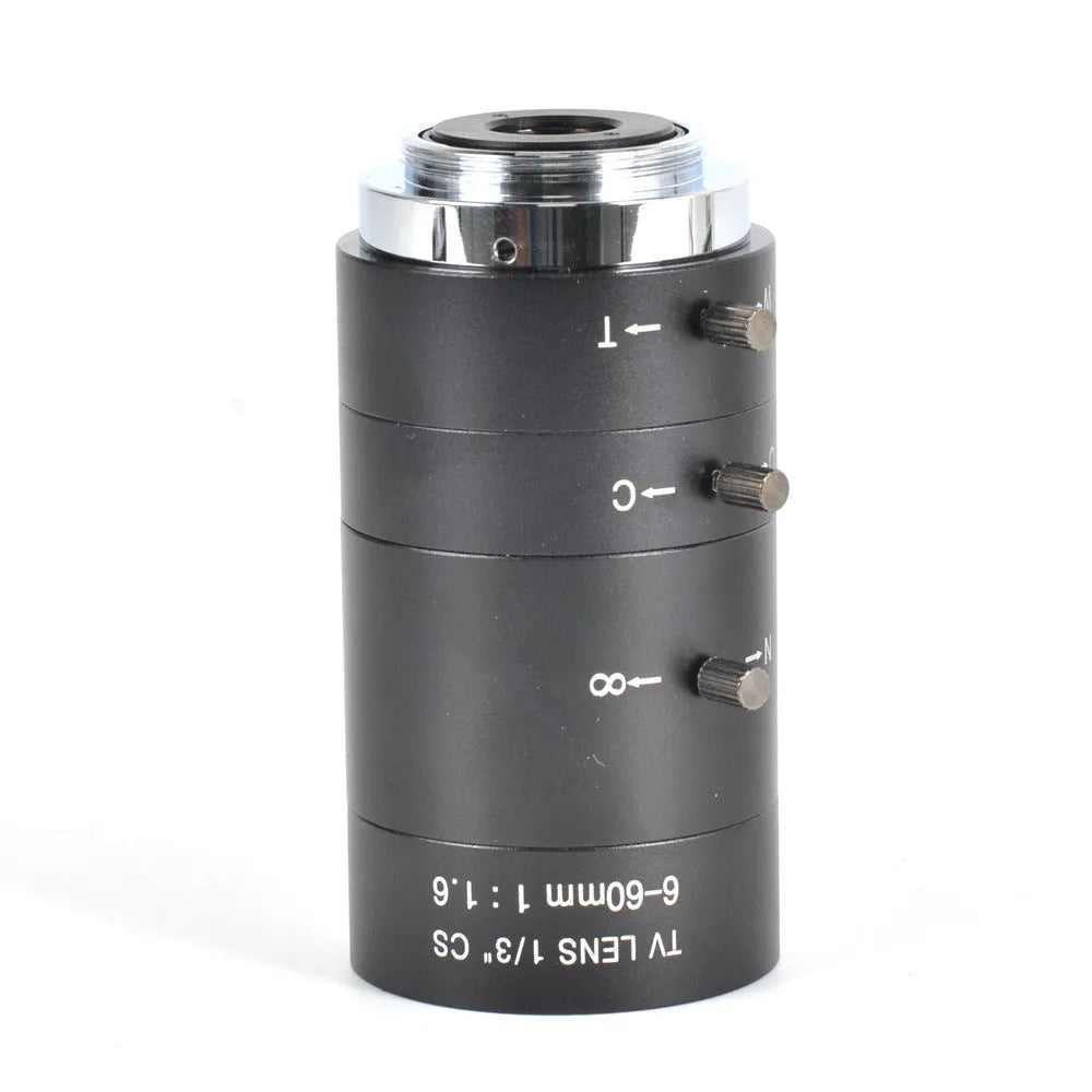 Black manual aperture CS mount camera lens with 6-60mm focal length markings