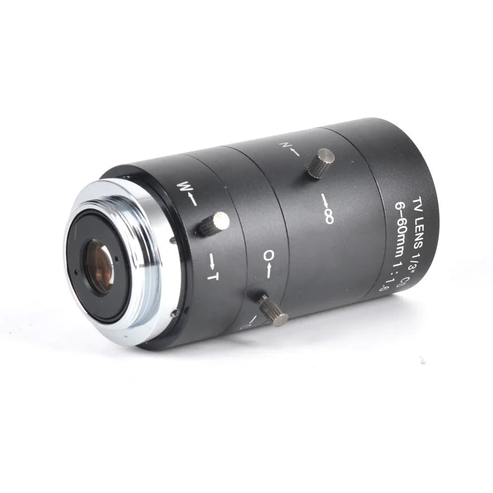 Black manual aperture CS mount camera lens with 6-60mm focal length markings