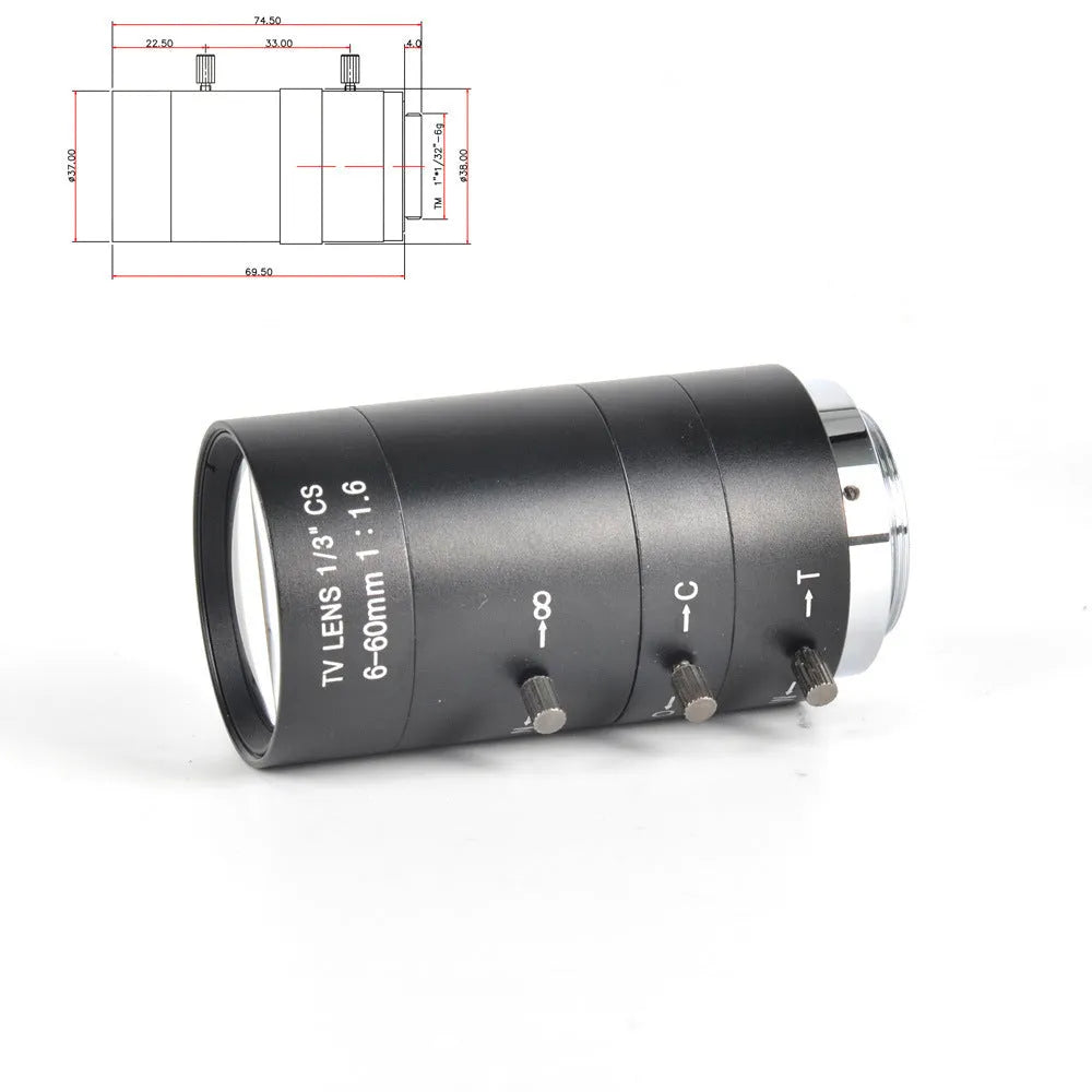 Black manual aperture CS mount camera lens with 6-60mm focal length markings