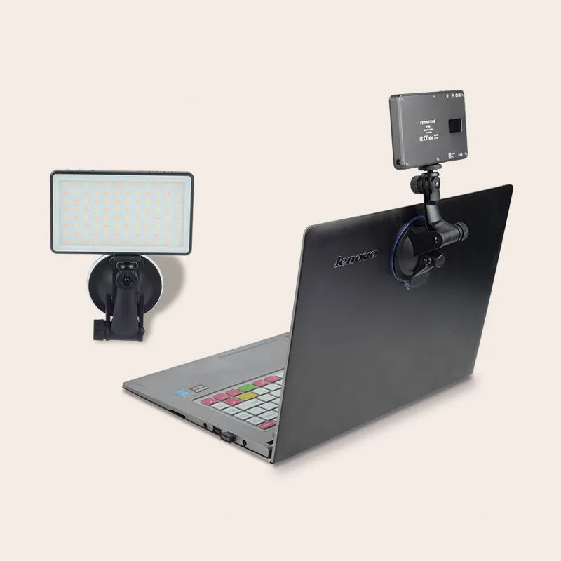 Black rectangular LED video conference light panel with 96 LEDs, LCD screen, and USB Type-C port.