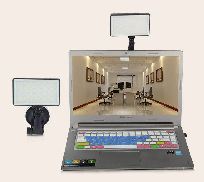 Black rectangular LED video conference light panel with 96 LEDs, LCD screen, and USB Type-C port.