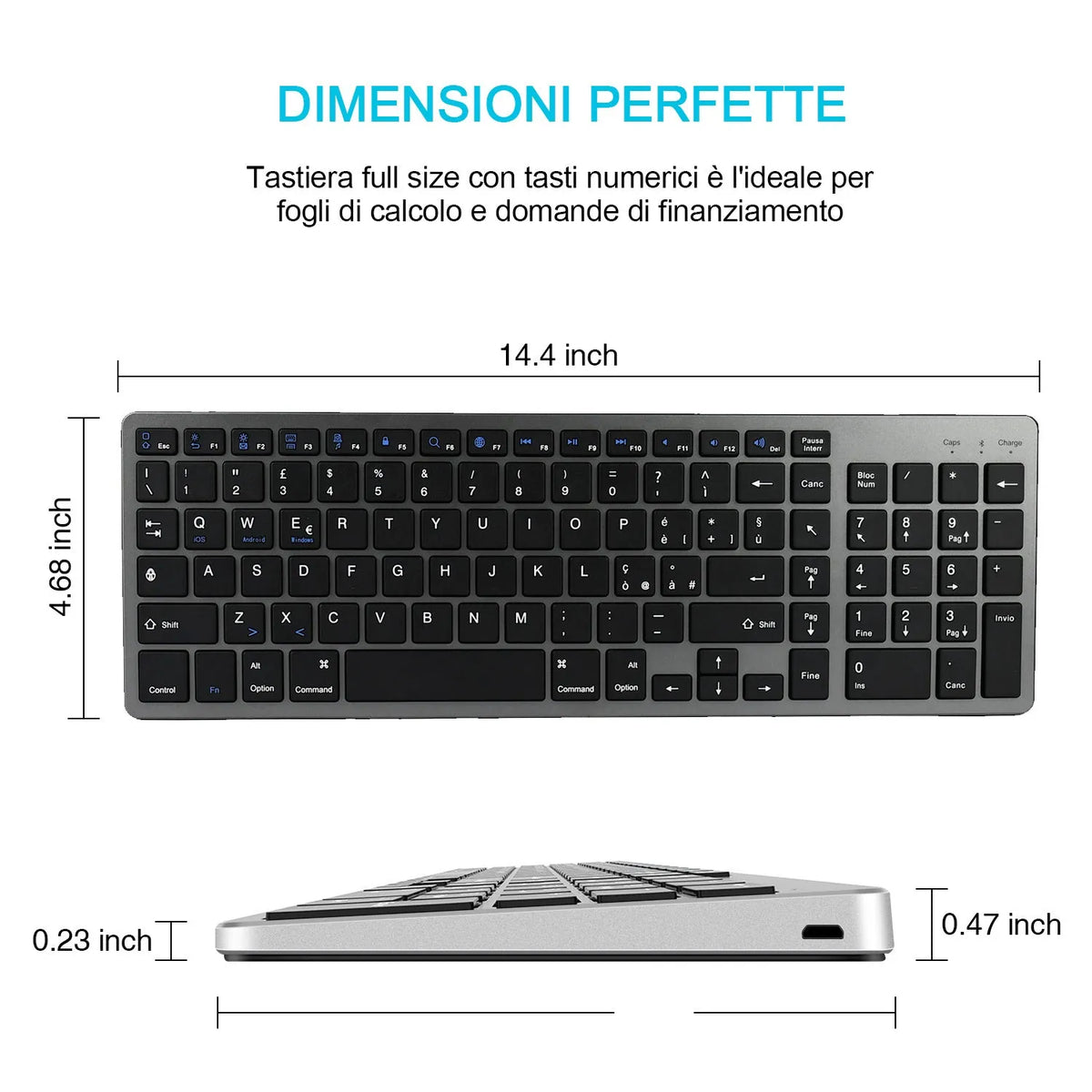 Ultra-thin white Bluetooth keyboard next to iPad tablet showing 104-key layout