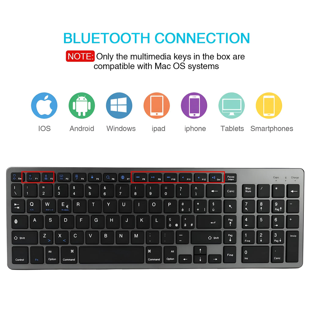 Ultra-thin white Bluetooth keyboard next to iPad tablet showing 104-key layout