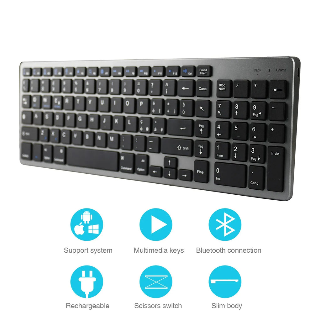 Ultra-thin white Bluetooth keyboard next to iPad tablet showing 104-key layout