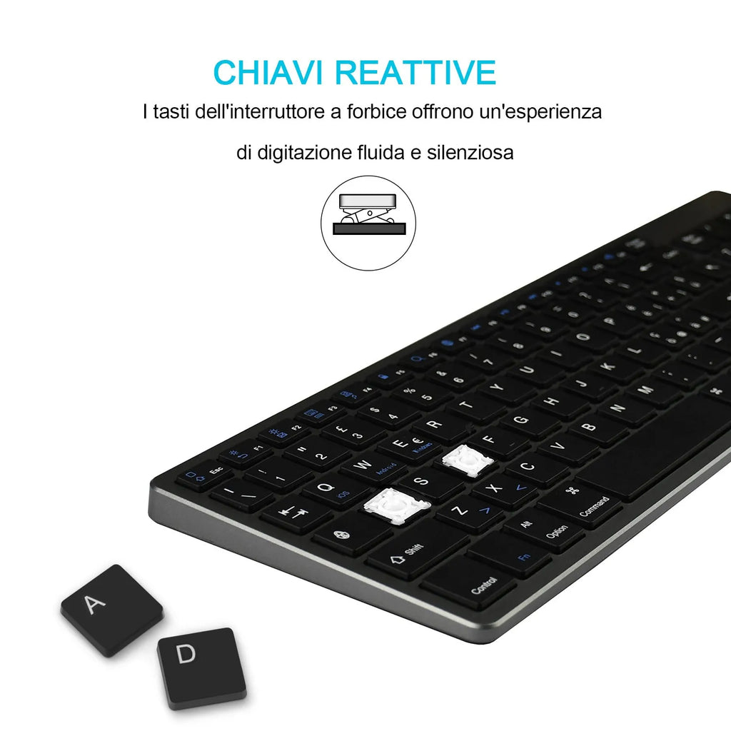 Ultra-thin white Bluetooth keyboard next to iPad tablet showing 104-key layout