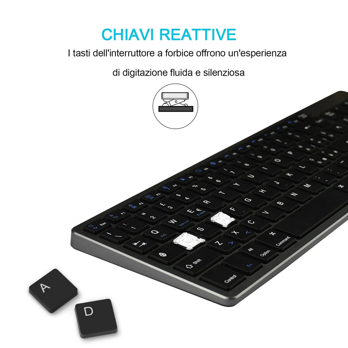 Ultra-thin white Bluetooth keyboard next to iPad tablet showing 104-key layout