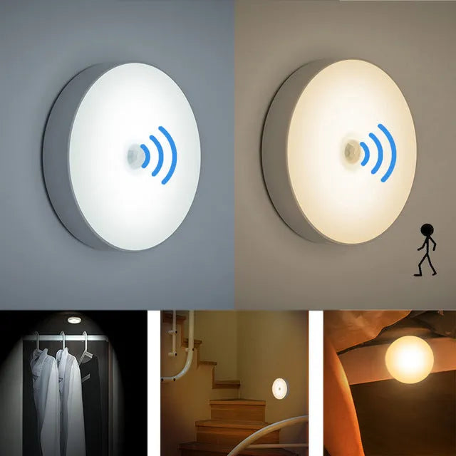 USB rechargeable motion sensor LED night light with adhesive mounting in beige or white
