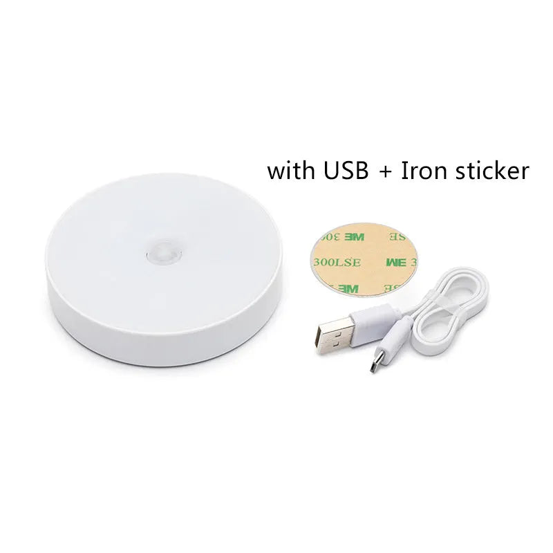 USB rechargeable motion sensor LED night light with adhesive mounting in beige or white