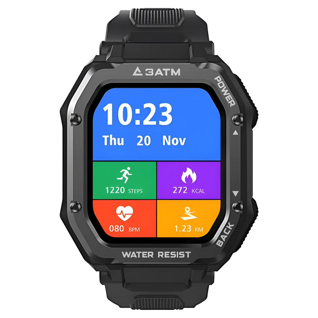 Army Green rugged smart watch with a silicone strap and a 1.69-inch screen displaying sports mode data.