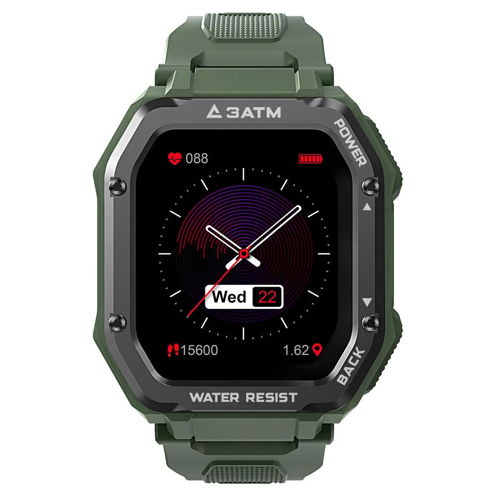 Army Green rugged smart watch with a silicone strap and a 1.69-inch screen displaying sports mode data.