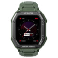 Army Green rugged smart watch with a silicone strap and a 1.69-inch screen displaying sports mode data.
