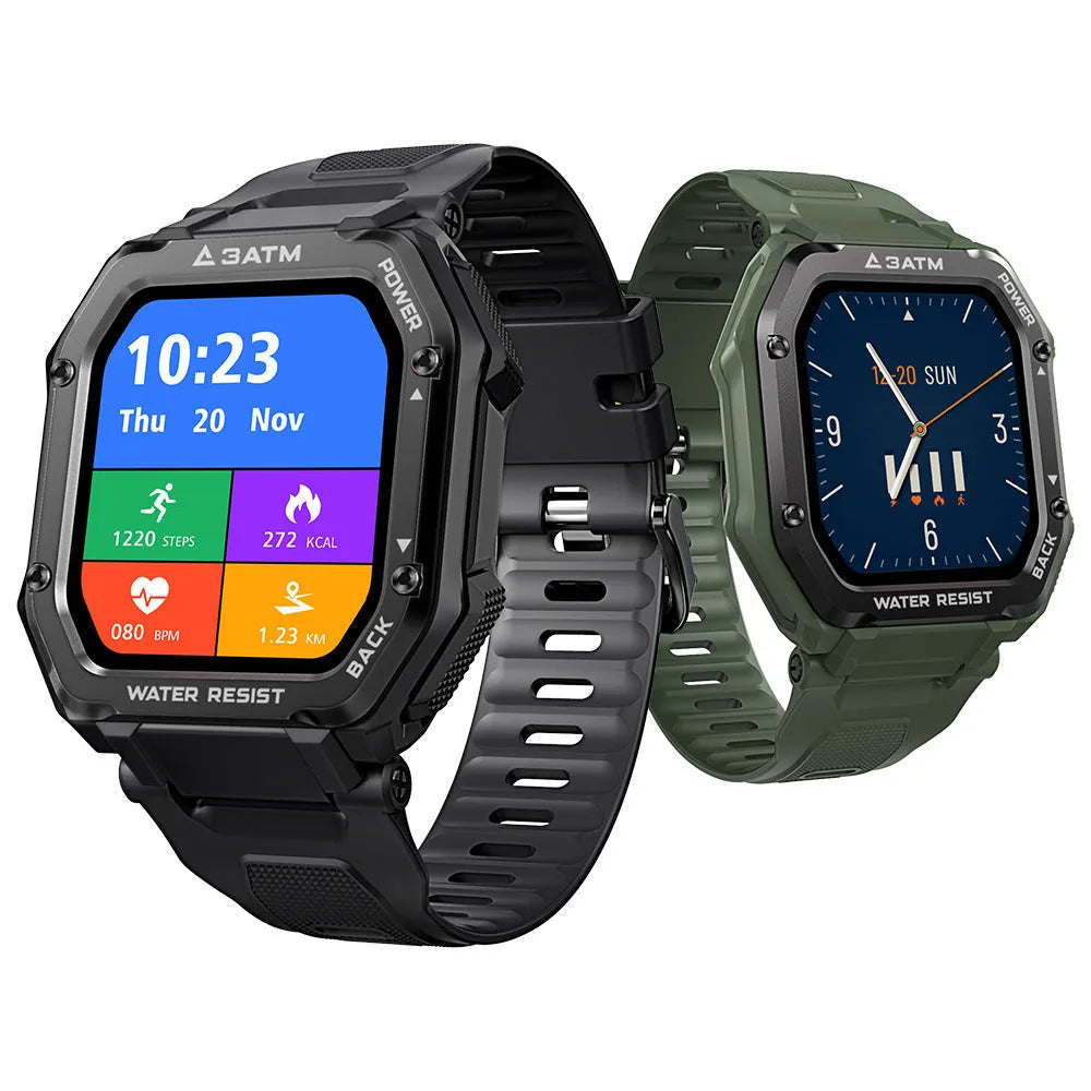 Army Green rugged smart watch with a silicone strap and a 1.69-inch screen displaying sports mode data.