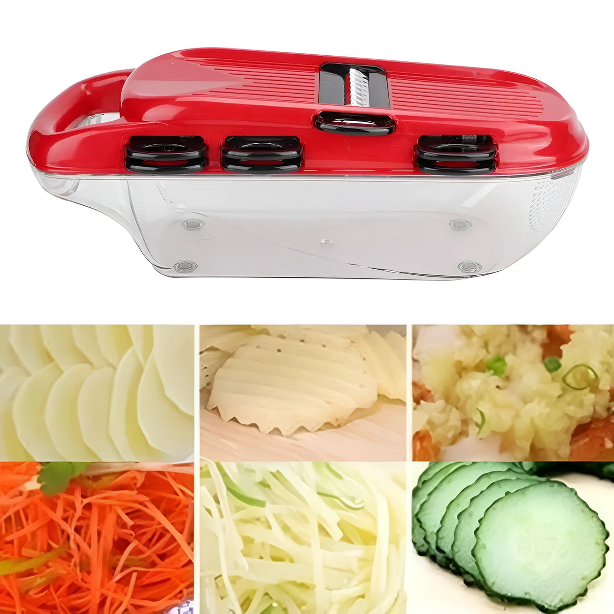 Red multi-function vegetable cutter set with seven stainless steel blades and safety hand guard
