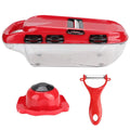 Red multi-function vegetable cutter set with seven stainless steel blades and safety hand guard