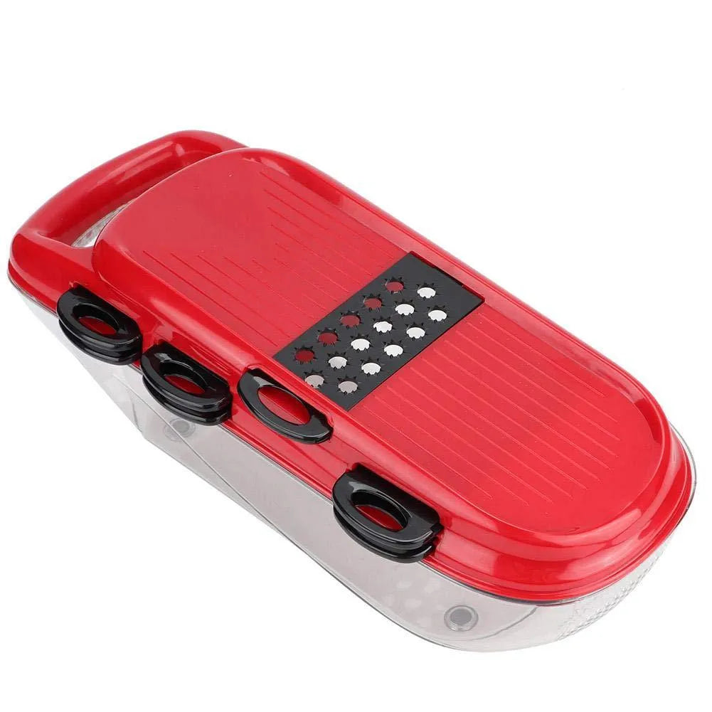 Red multi-function vegetable cutter set with seven stainless steel blades and safety hand guard