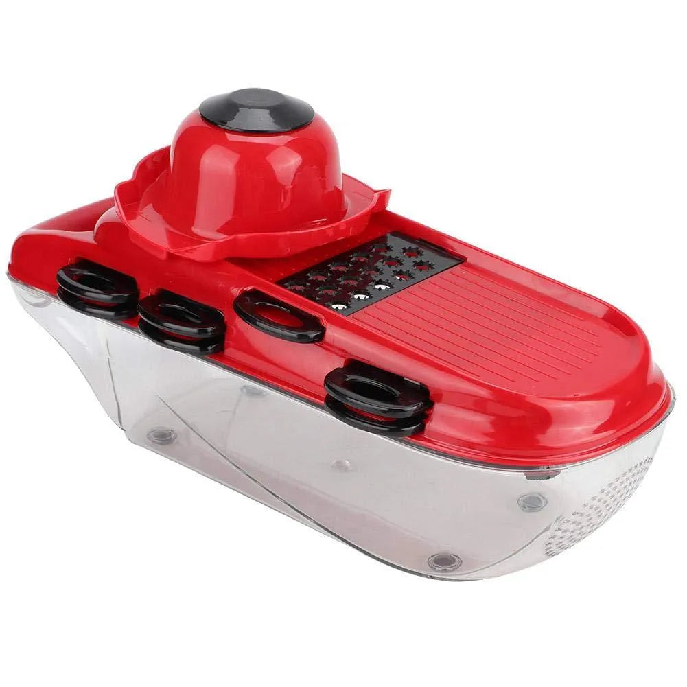 Red multi-function vegetable cutter set with seven stainless steel blades and safety hand guard