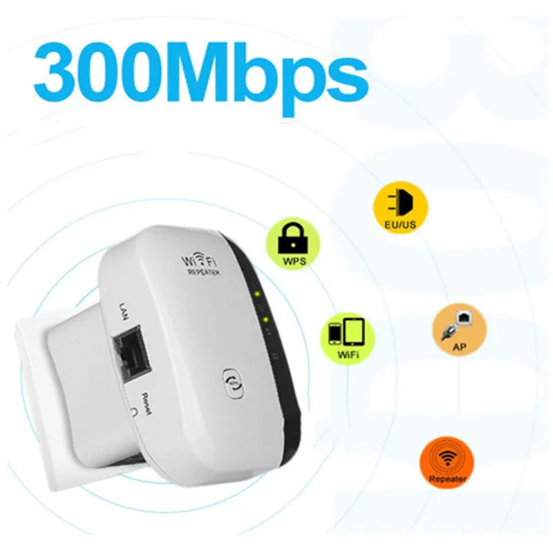 Black or white Wi-Fi repeater with choice of UK, EU, US, or Australian plug and a network cable
