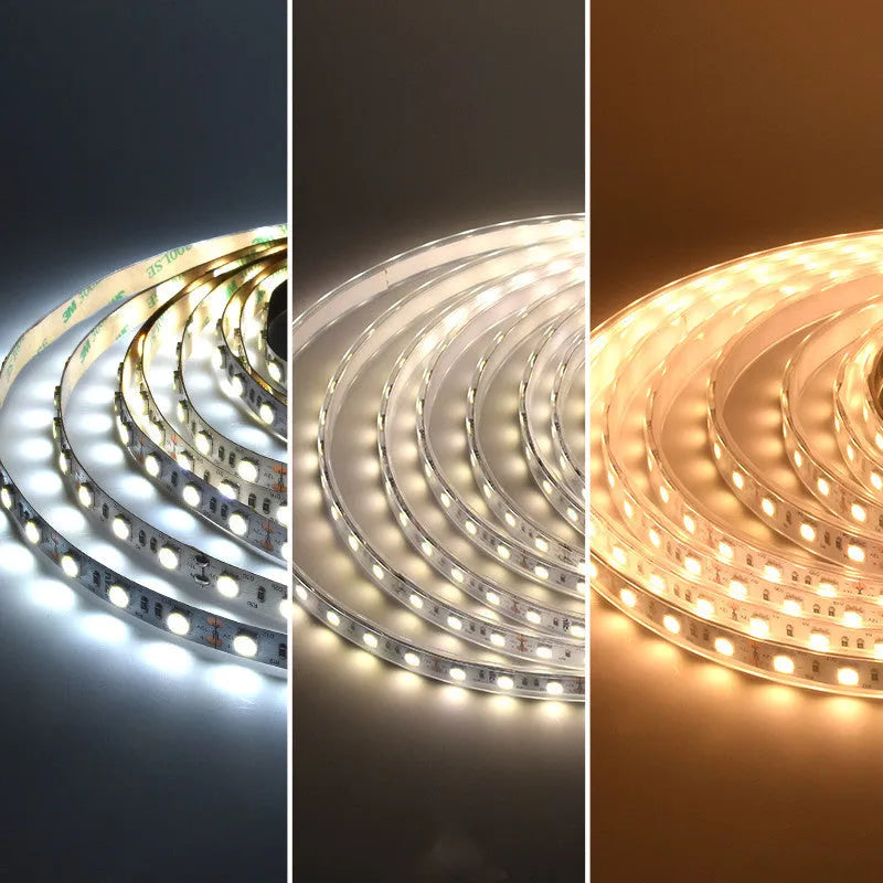 Close-up of a flexible white LED light strip with densely packed chips on a soft diffuser coating.