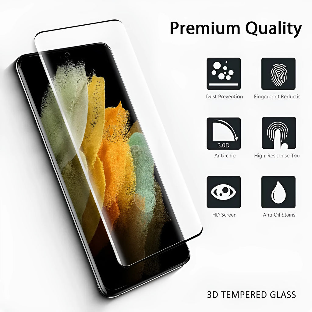 Tempered glass screen protector for Samsung Galaxy S21 Ultra curved display.