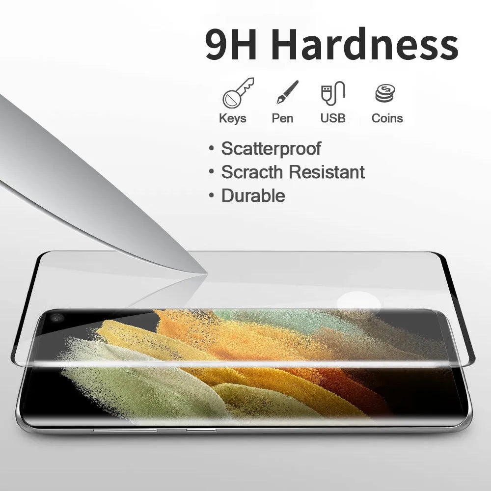 Tempered glass screen protector for Samsung Galaxy S21 Ultra curved display.