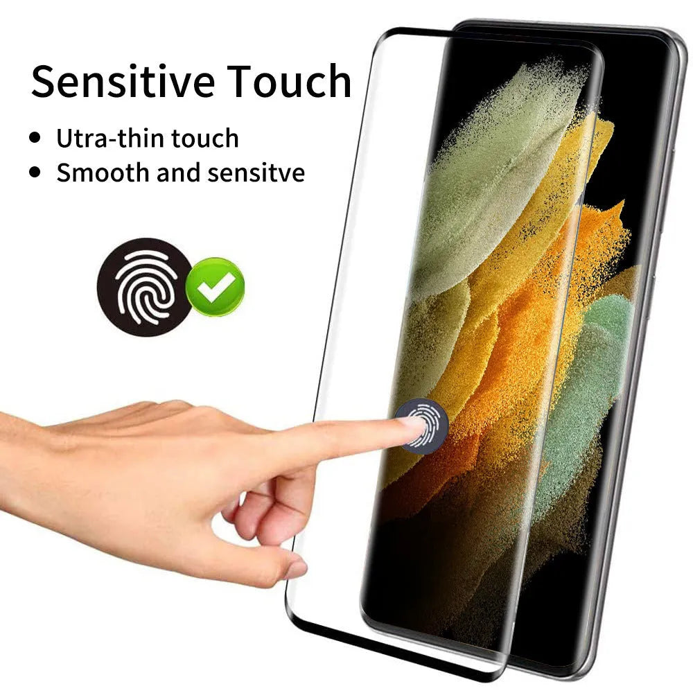 Tempered glass screen protector for Samsung Galaxy S21 Ultra curved display.