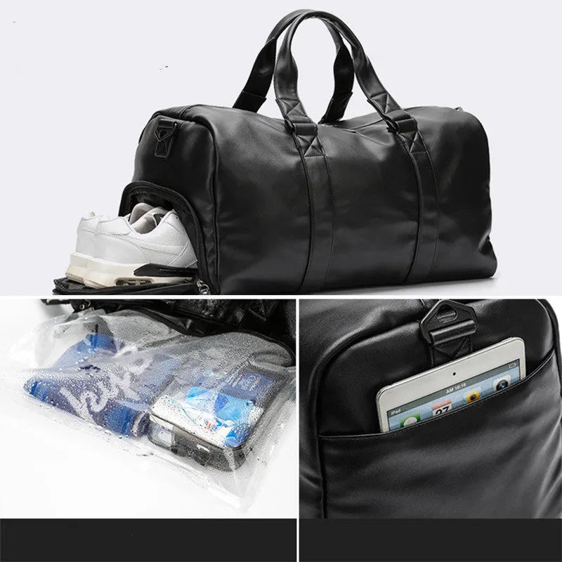 Large black waterproof PU leather sports training bag with multiple internal pockets, shown with a laptop compartment.