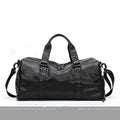 Large black waterproof PU leather sports training bag with multiple internal pockets, shown with a laptop compartment.