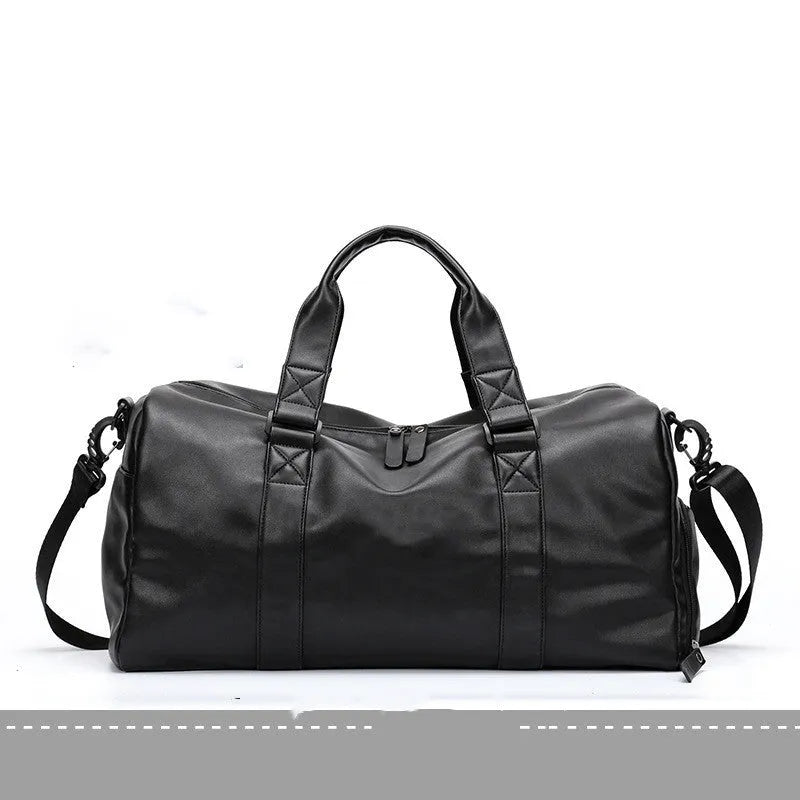 Large black waterproof PU leather sports training bag with multiple internal pockets, shown with a laptop compartment.