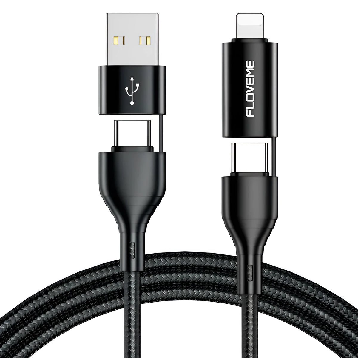 Black braided 4-in-1 fast charging cable showing multiple connector types and 1 metre length