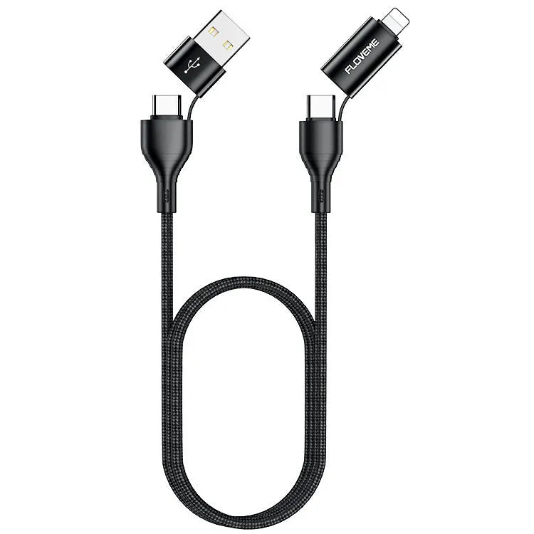 Black braided 4-in-1 fast charging cable showing multiple connector types and 1 metre length