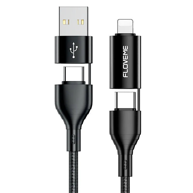 Black braided 4-in-1 fast charging cable showing multiple connector types and 1 metre length