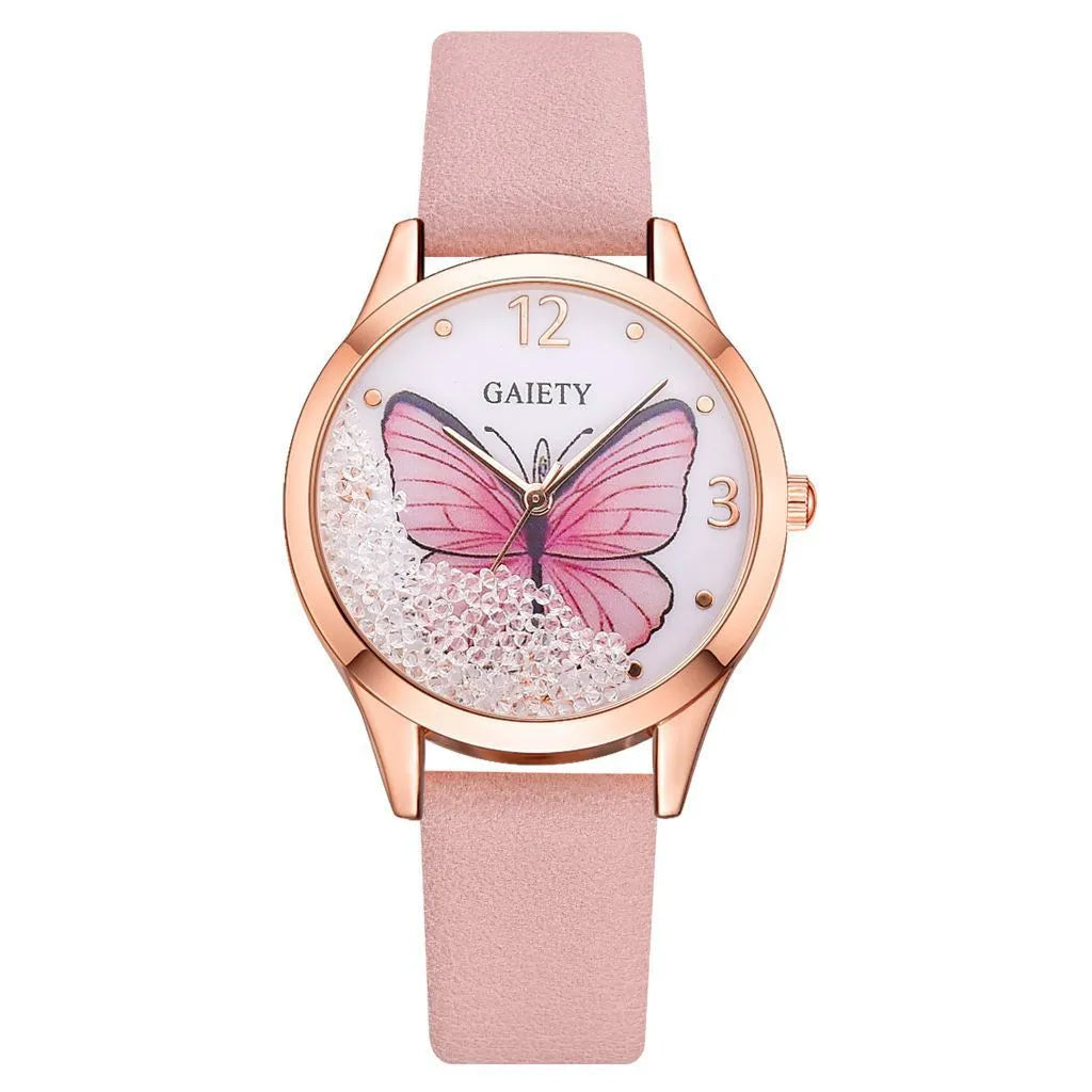 Gaiety women's silver wristwatch with a removable rhinestone butterfly on a leather strap, showing a round 39mm dial.
