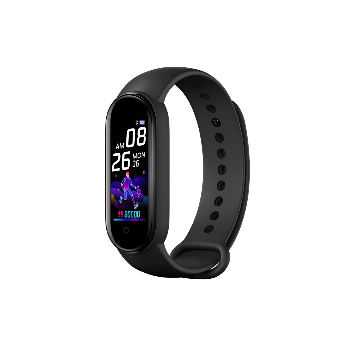 M5 smart bracelet with 0.96 inch screen showing heart rate display in black, blue and red colour options