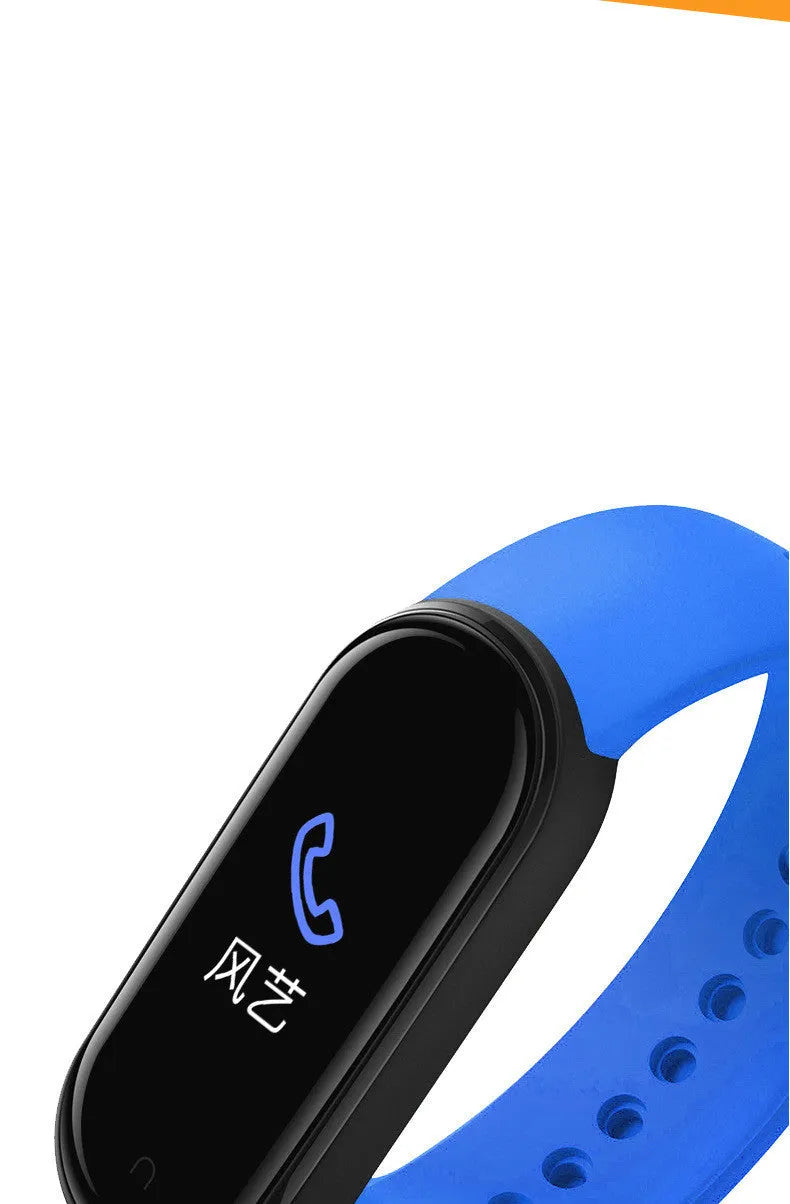 M5 smart bracelet with 0.96 inch screen showing heart rate display in black, blue and red colour options