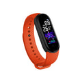 M5 smart bracelet with 0.96 inch screen showing heart rate display in black, blue and red colour options