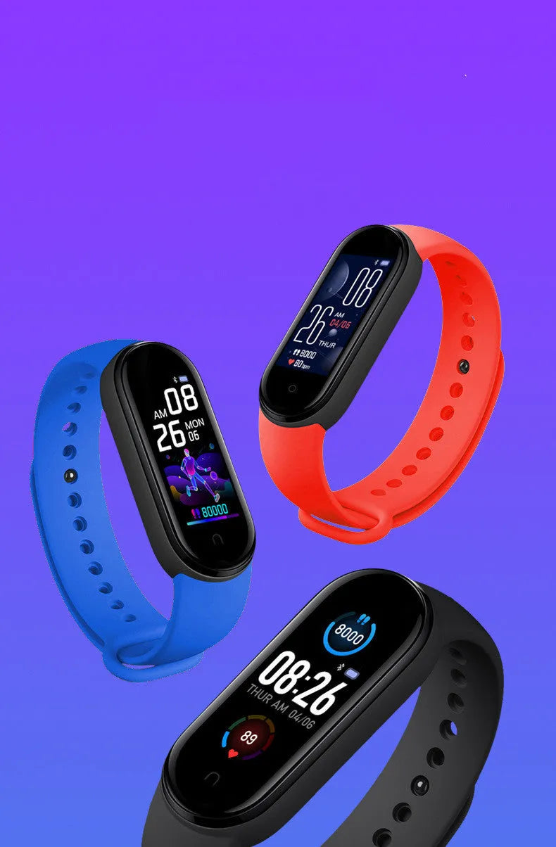M5 smart bracelet with 0.96 inch screen showing heart rate display in black, blue and red colour options