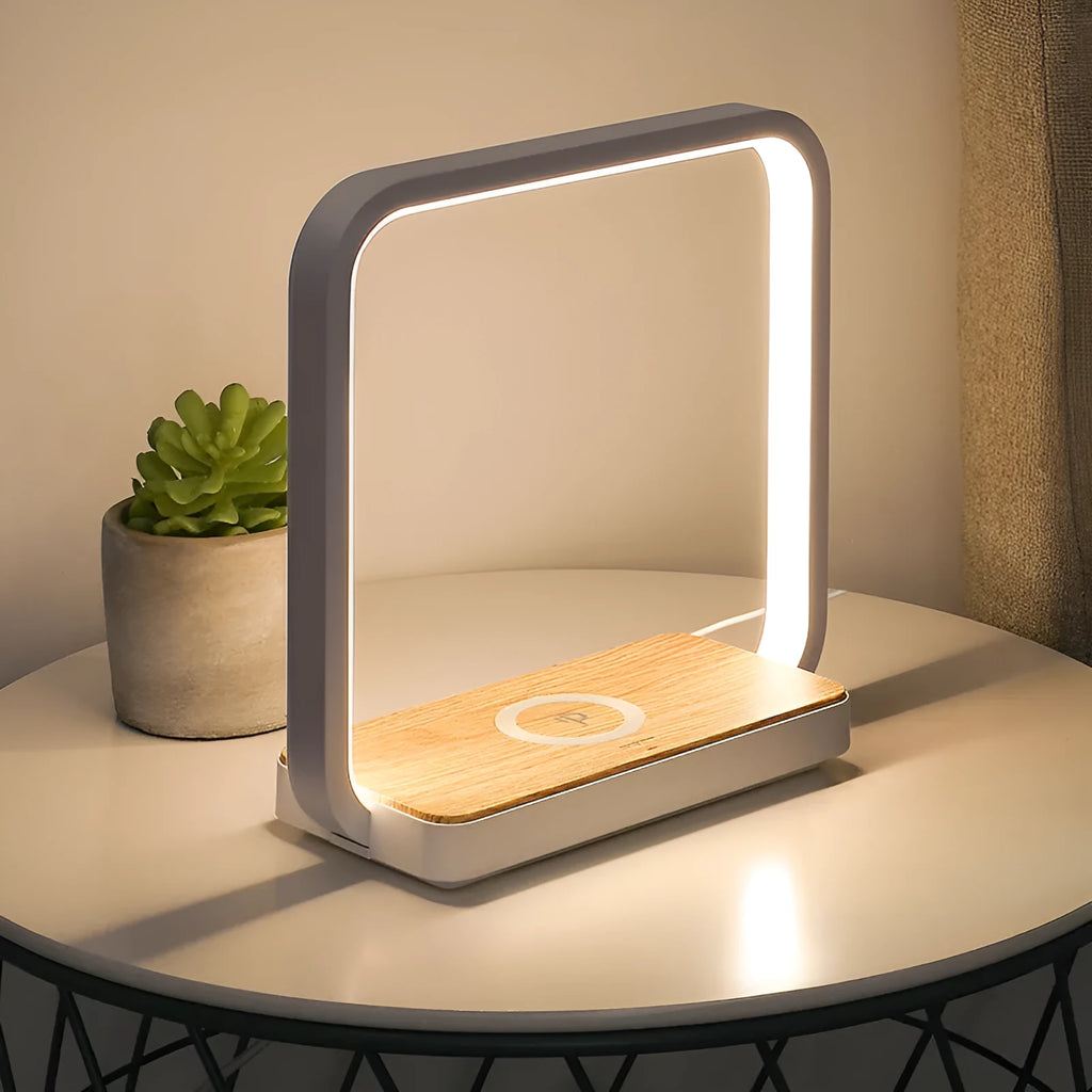 Smart bedside lamp with aluminium shade featuring touch sensor and voice controls, USB power cable
