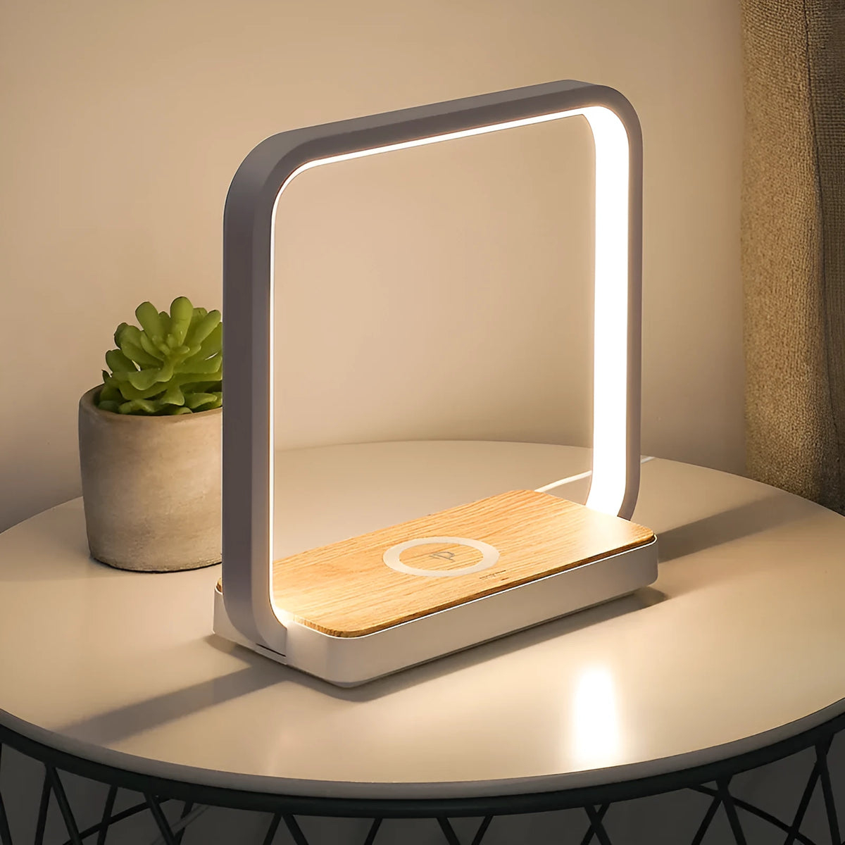Smart bedside lamp with aluminium shade featuring touch sensor and voice controls, USB power cable
