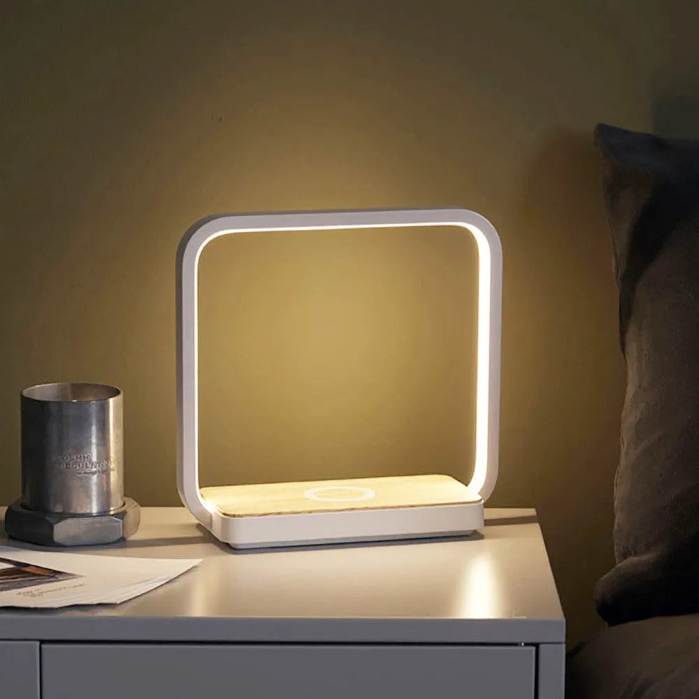 Smart bedside lamp with aluminium shade featuring touch sensor and voice controls, USB power cable