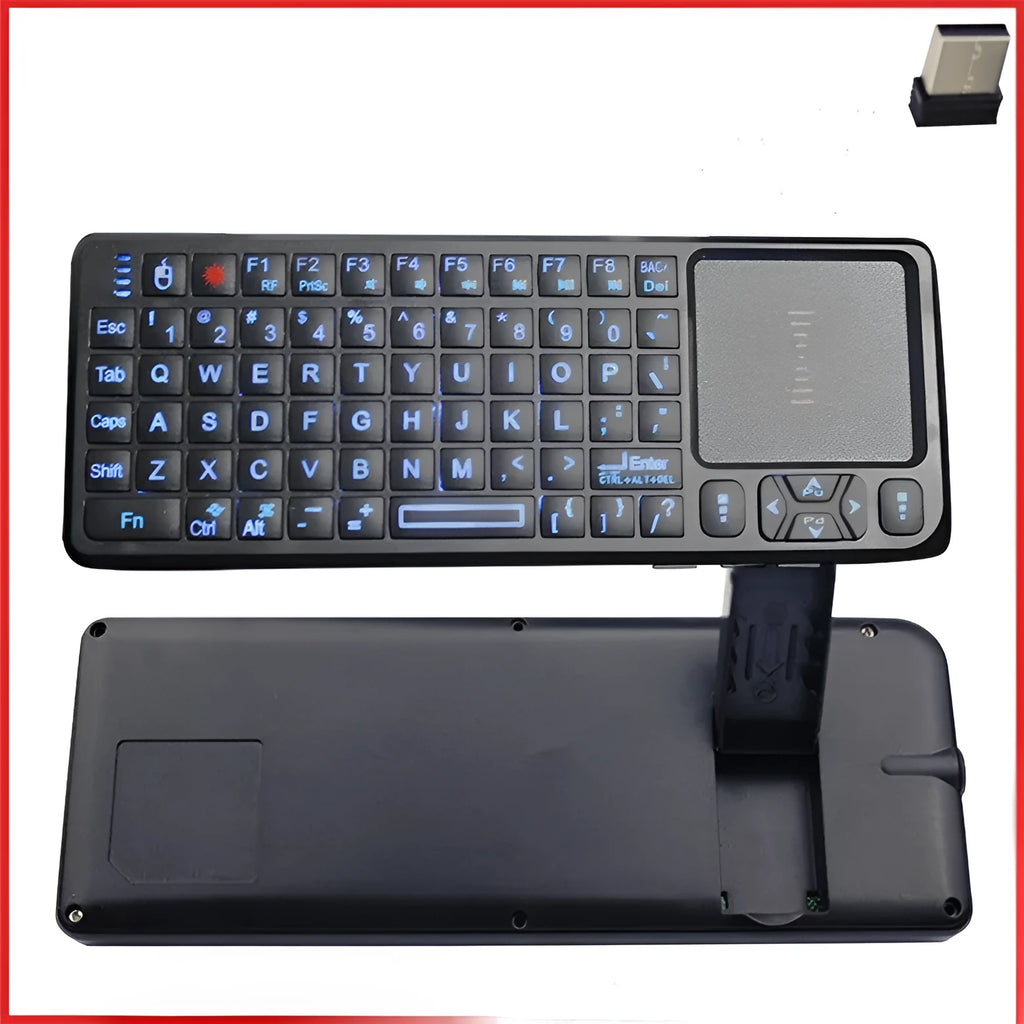 Black wireless mini keyboard with touch screen for teaching and presentations, showing compact design