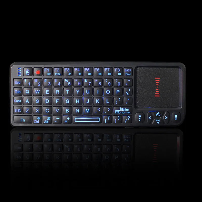 Black wireless mini keyboard with touch screen for teaching and presentations, showing compact design