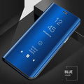 Black mirror flip phone case for Samsung Galaxy with kickstand open and interior mirror visible.