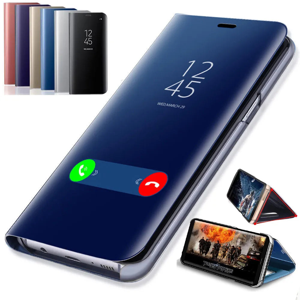 Black mirror flip phone case for Samsung Galaxy with kickstand open and interior mirror visible.