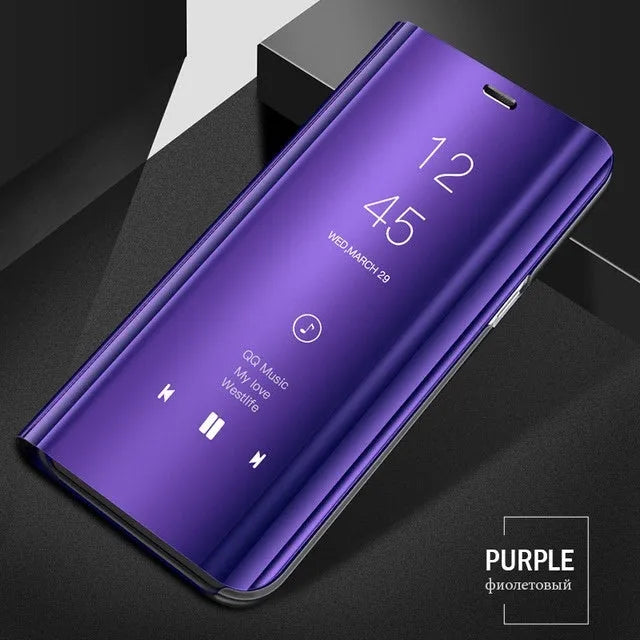 Black mirror flip phone case for Samsung Galaxy with kickstand open and interior mirror visible.