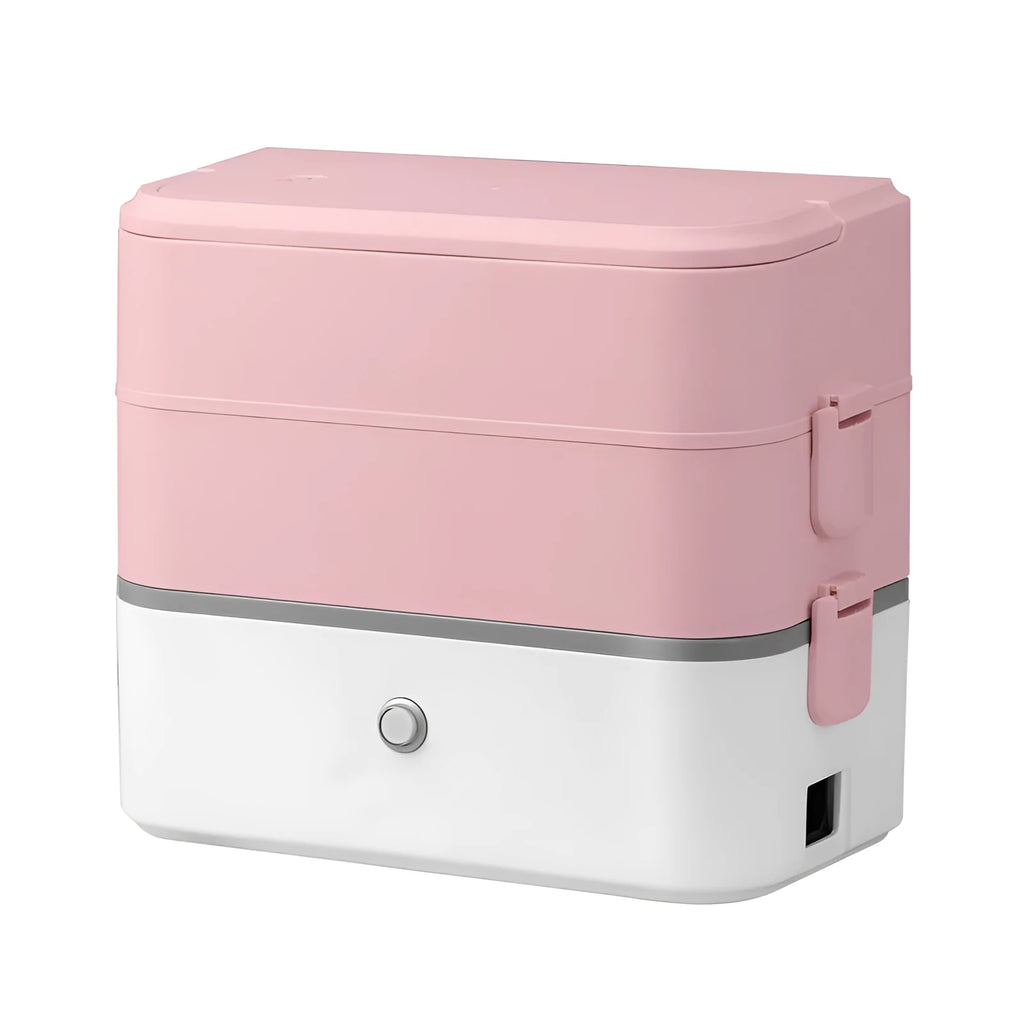 Portable heated lunch box with stainless steel liner and push-button control in pink white colour